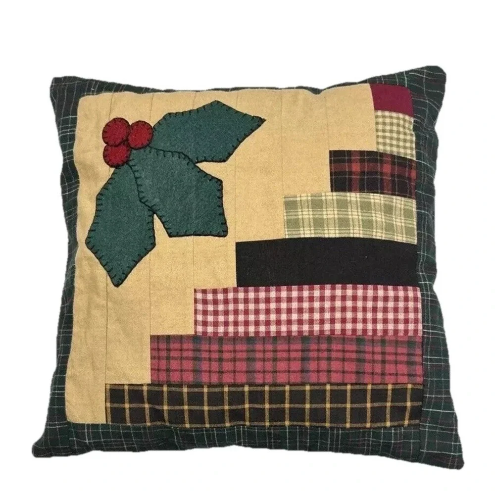 Pillow Christmas Holly Patchwork Handmade Open Back Cover Green Red 12